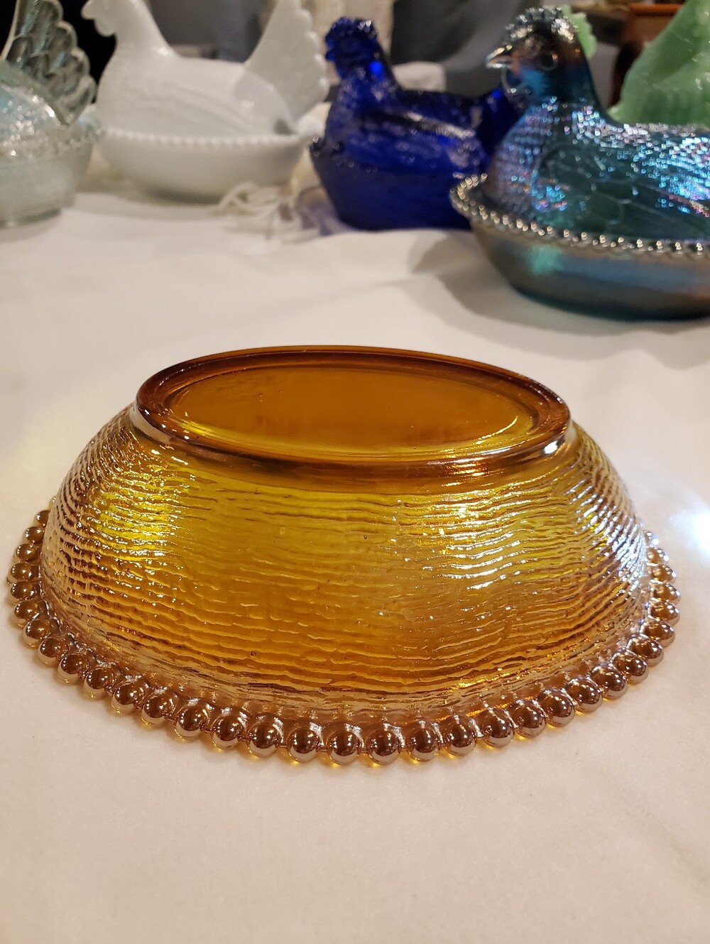 Indiana Glass Beaded Edge Marigold Golden Carnival Hen On Nest Candy - Picture 8 of 10
